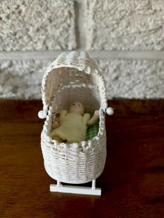 Vintage Miniature Dollhouse White Wicker Bassinet With Miniature China Doll