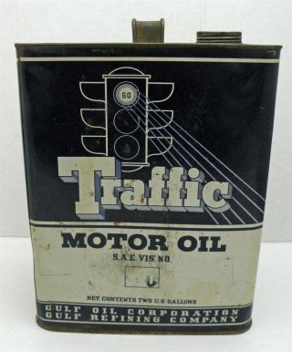 Gulf Oil Corp Traffic Motor Oil 2 Gallon Vintage Metal Can Advertising Tin