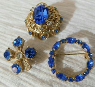 Vintage Set Of 3 Cobalt Blue And Clear Rhinestone Brooch,  Pins