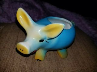 Vintage Ceramic Pig Piglet Piggy Miniature Planter Yellow Blue Adorable