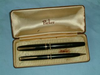 Vintage C1940 Parker Duofold Fountain Pen And Pencil Set Black In Case