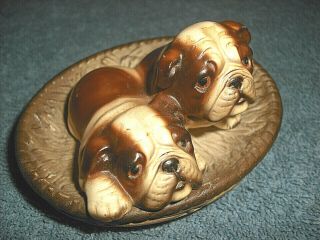 Vintage M.  Takai 4 " Porcelain Ceramic Bulldog Puppies In A Basket Figurine
