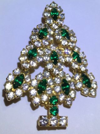 Franklin Christmas Tree Green Crystal Gold Tone Brooch