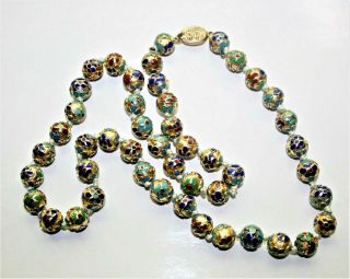 Vintage Goldplated Multi Color Enamel Floral Cloisonné Bead Handknotted Necklace