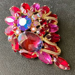 D&e Juliana Vintage Pink Red Givre Glass Flower Rhinestone Brooch Pin 261