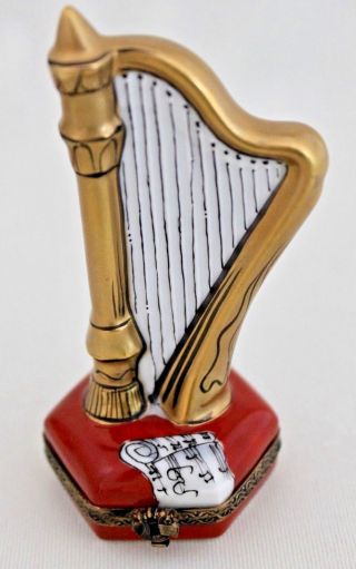 Limoges France Gold Harp & Music Sheet Trinket Box Peint Main Signed Retired