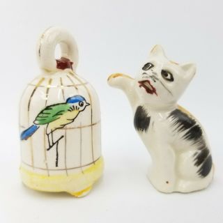 Vintage Japan Cat & Bird Cage Salt And Pepper Shakers Set Flawed With Repair