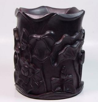 African Zitan Rosewood Hand Carved Lotus Leaves Flowers Brush Pot Vase /td02
