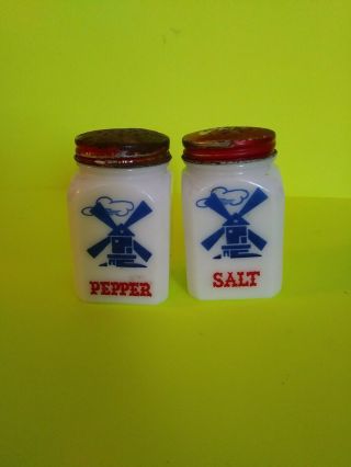 Vintage Salt And Pepper Shakers White Milk Glass Blue Windmill Usa