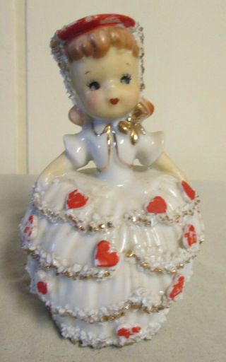 Vintage Lefton Valentine Day Hearts Spaghetti Trim Girl Bell Figurine