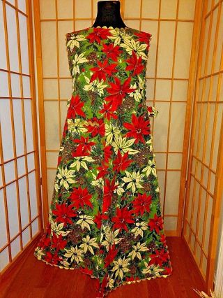 Vintage Tie Bib Christmas Apron Smock Dress Red Green Gold Poinsettia Holiday