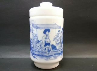 Apothecary Jar,  White Milk Glass With Blue Artwork,  Made In Belgium,  Asian Theme