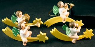 4 Erzgebirge Wooden Christmas Ornaments Angel Baby Musicians On Shooting Stars