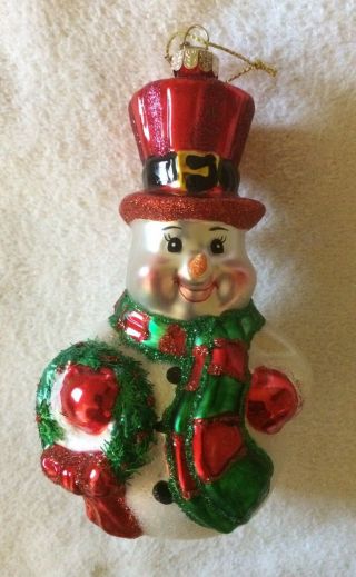 Cute Snowman W/red Hat Glass Christmas Decoration 4.  5 " Tall