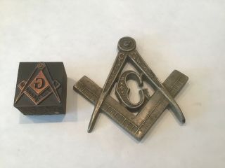 Antique Masonic G Symbol From Bookend L.  V.  Aronson 1922 & Copper Printers Block