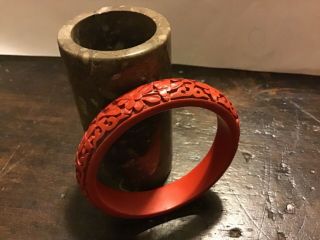 Chinese Cinnabar Lacquer Deeply Carved Bangle Bracelet