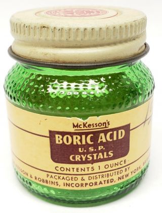 Vintage Mckesson Boric Acid Powder Empty Green Glass Bottle Jar Small 1oz Size