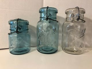 Set 3 Vintage Ball Ideal Quart & Pint Canning Fruit Jars W/ Glass Lids Safe Seal