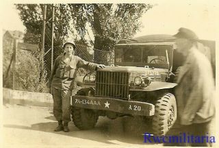 Good View Us Soldier Posed On French Street W/ Dodge Light Truck; 1944