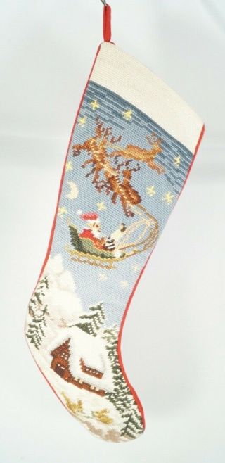 Needlepoint Christmas Stocking Santa Sleigh Reindeer Flying Over Winter Scene