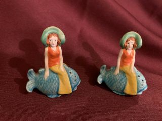 Vintage Lady Sitting On Fish Salt And Pepper Shakers Made In Japan