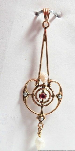 Ladies Antique Art Nouveau Natural Pearl Ruby Gold Pendant