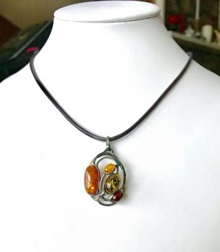 Mid Century Modern Multicolor Amber Brown Leather Sterling Silver 925 Necklace