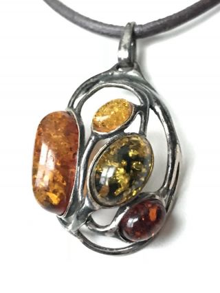 Mid Century Modern Multicolor Amber Brown Leather Sterling Silver 925 Necklace 2