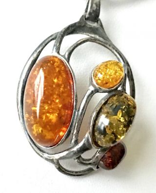 Mid Century Modern Multicolor Amber Brown Leather Sterling Silver 925 Necklace 3