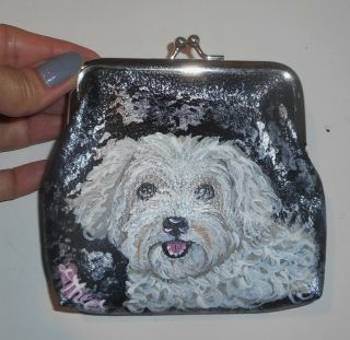 Maltipoo Dog Hand Painted Black Leather Coin Change Purse Clutch Wallet Vegan