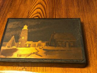 Vintage Etched Copper Wooden Block Printing Plate Maine Light House Wood Island