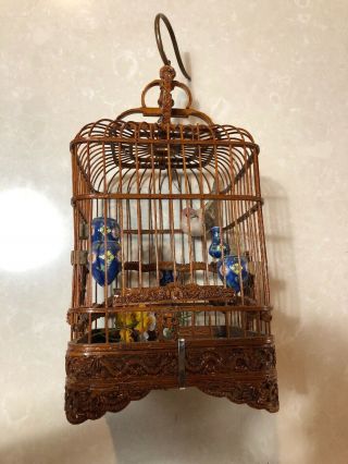 Vintage Chinese Bamboo Carved Bird Cage With 5 Porcelain Feeders 11 " Tall