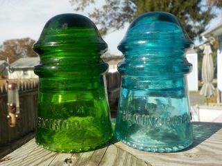 Gorgeous 7up Green And Hemi Blue Cd 106 Hemingray Glass Insulator.