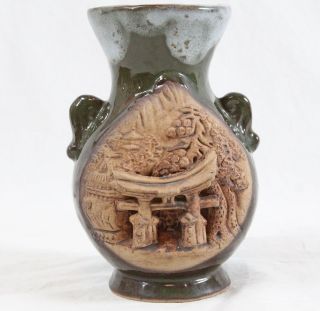 Japanese Pottery Banko Ware 6” Temple Relief Vase Vintage Green