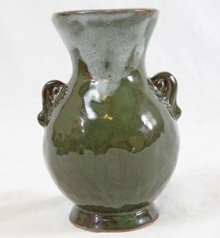 Japanese Pottery Banko Ware 6” Temple Relief Vase Vintage Green 2