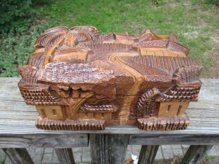 Folk Art Tramp Art Carved Wood Box 10 " X 6 " X 4.  5 " Primitive Carving