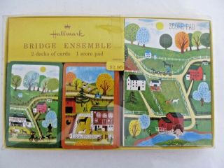 Vintage Hallmark Bridge Set 2 Decks Playing Cards,  Score Pad Pastoral Scenes