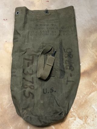 Vtg Us Army Wwii Duffle Laundry Bag 1943 Canvas Sea Bag Sack Ink Stamped Veteran