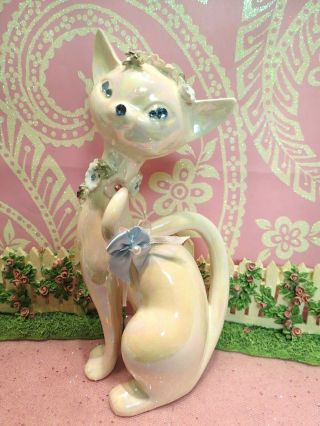 Vtg Lefton Pink Luster Anthropomorphic Kitty Cat W Blue Crystal Eyes Upcycled