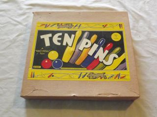 Vintage Made Usa 1947 Gold Metal Toy Ten Pins Bowling Game