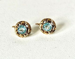 Antique Edwardian Art Nouveau Style Aqua Blue Rolled Gold? Pierced Earrings