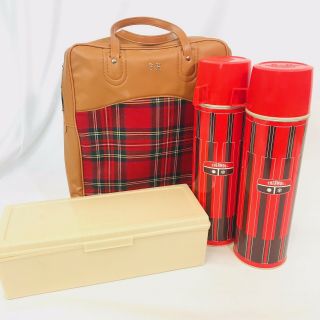 Vintage 1973 Thermos Picnic Set Red Plaid 2 Thermos & Sandwich Holder & Bag 14 "