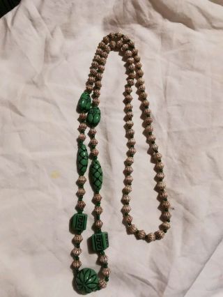 Art Deco C 1920s Egyptian Revival Max Neiger Green And White Glass Bead Necklace
