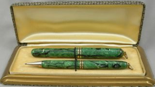 Jade Green Swirl & Gold Ringtop Fountain Pen & Pencil - 14kt Nib - 1930 