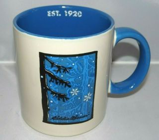 Eddie Bauer Est.  1920 Pine Tree Snowflakes Blue 20oz.  Coffee Mug Tea Cup Holiday