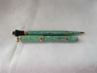 Vintage Burnham Ladies Fountain Pen & Pencil Set - 4 1/2 " Green Marbled C.  1930 