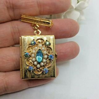 Vintage Jewellery Glass Faux Pearl Ab Rhinestone Gold Tone Locket Pendant Brooch