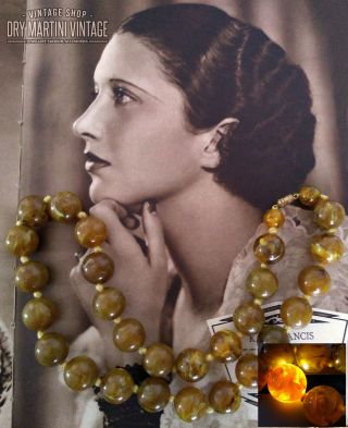 Vintage Art Deco Faux Amber Bakelite Swirl Beads Necklace Butterscotch Knotted