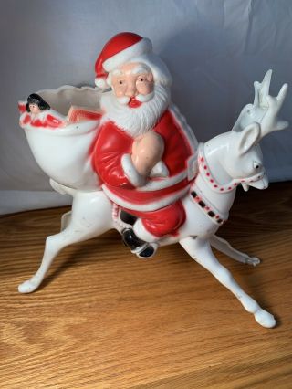Vintage Hard Plastic Santa Claus With Toy Bag On Reindeer Candy Container