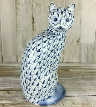 Andrea By Sadek Cat Figurine Blue White Porcelain Hand Painted 7.  5 " Tall Statue